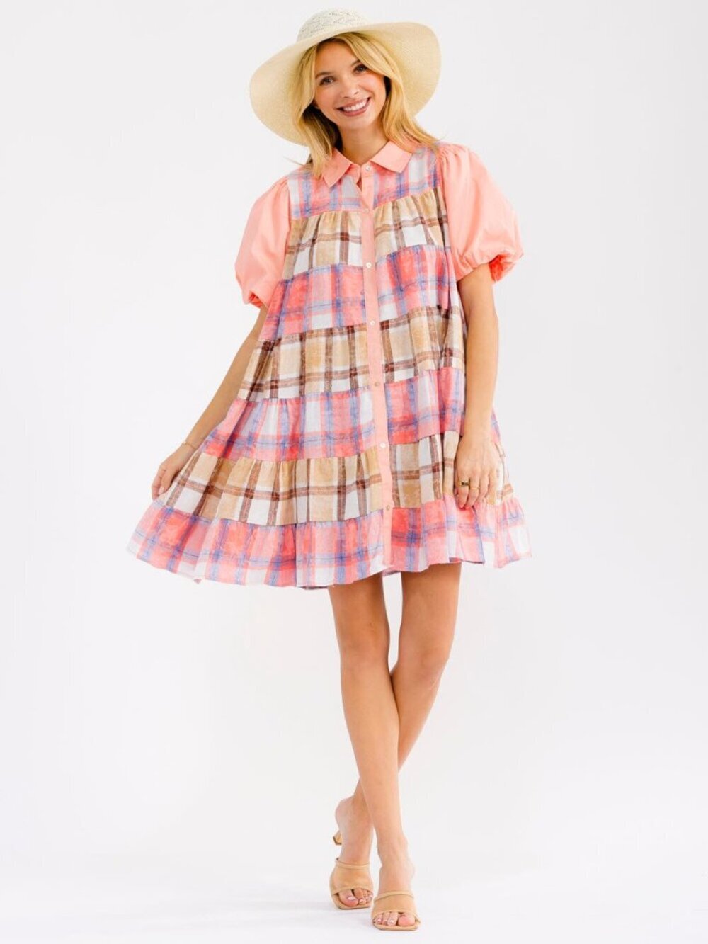 Fantastic Fawn Short Puff Sleeve Mini Dress Front Pockets Button Up Plaid